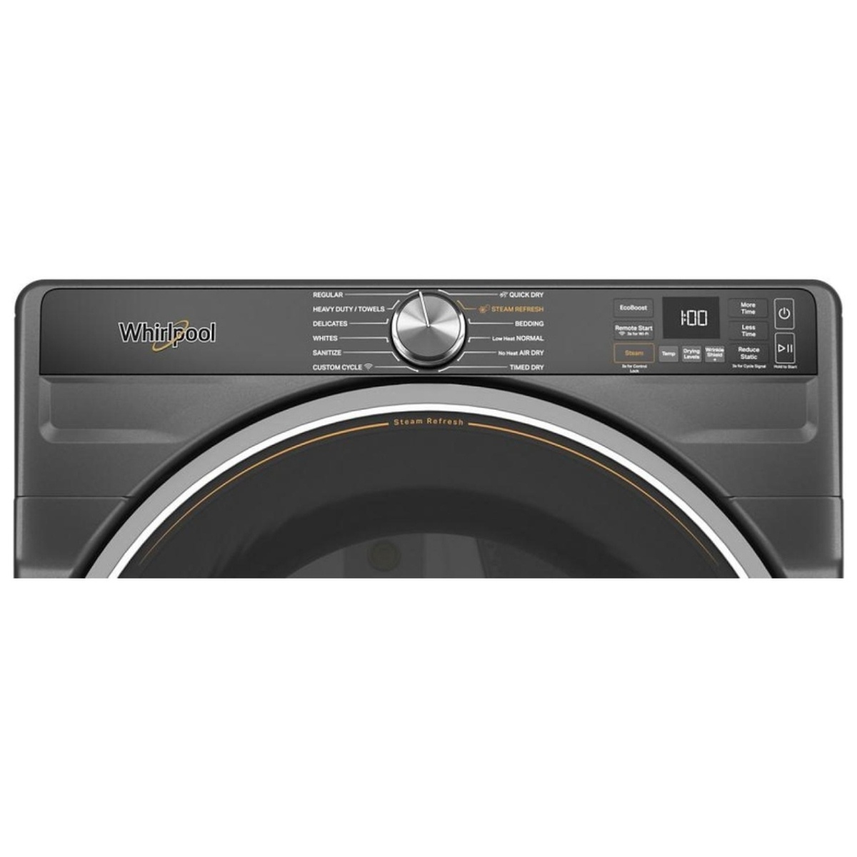 Whirlpool dryer control panel with central cycle knob, digital display, and option buttons