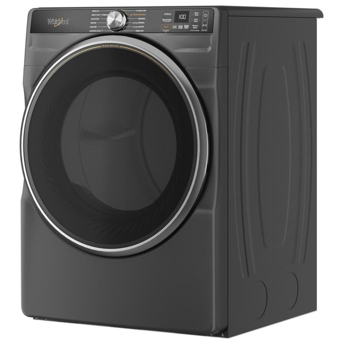 Angled view of Whirlpool Volcano Black front-load electric dryer with large round glass door