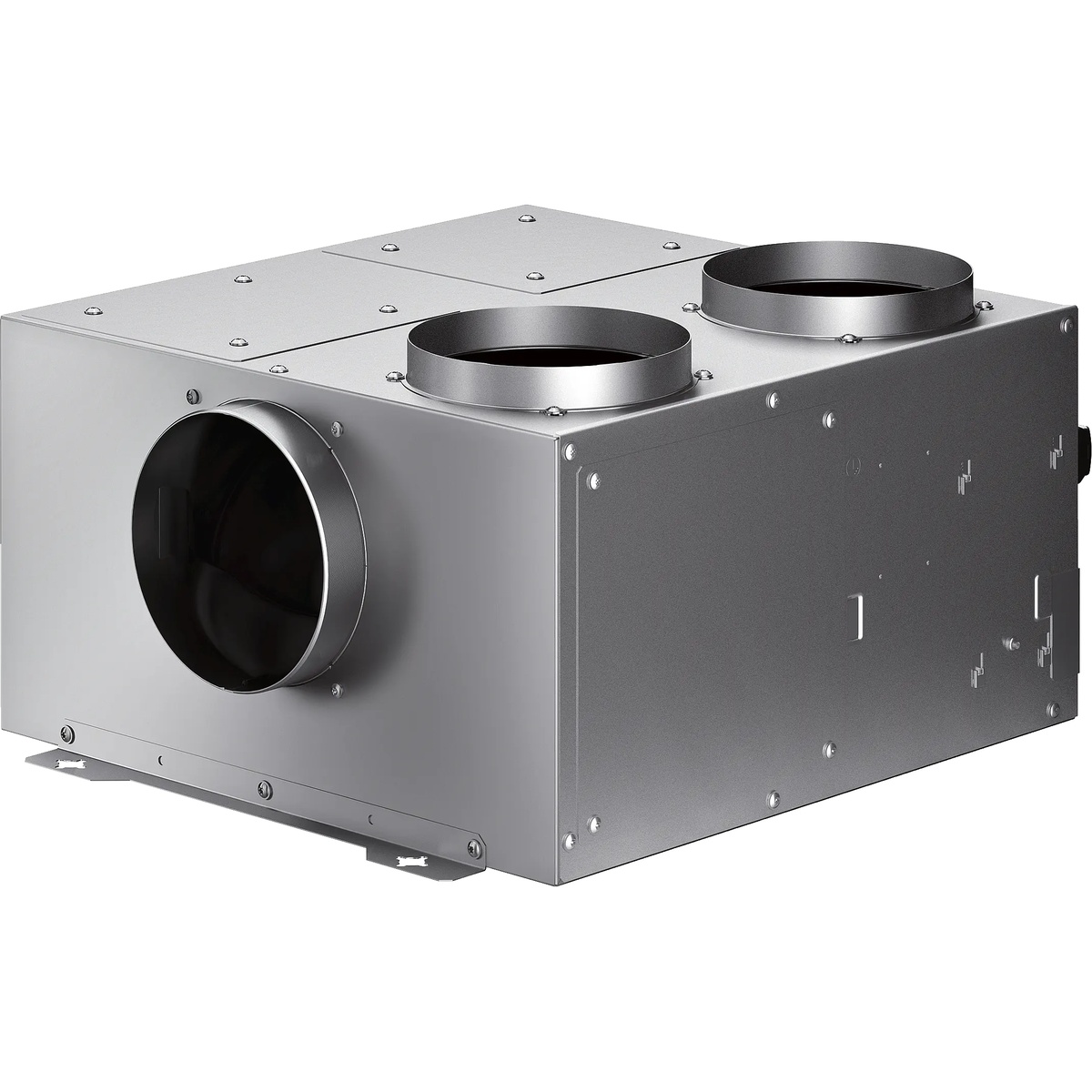 Gaggenau AR400742 400 Series remote blower unit showing rectangular metal housing with one large circular side duct port and two circular top duct ports, mounted on floor brackets