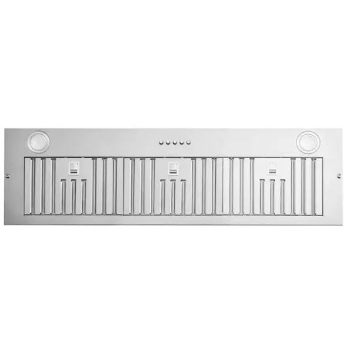 Front view of the Aviva AVM-368PS2 36-inch stainless steel cabinet insert showing full-width grille-style baffle filters and top-mounted control buttons