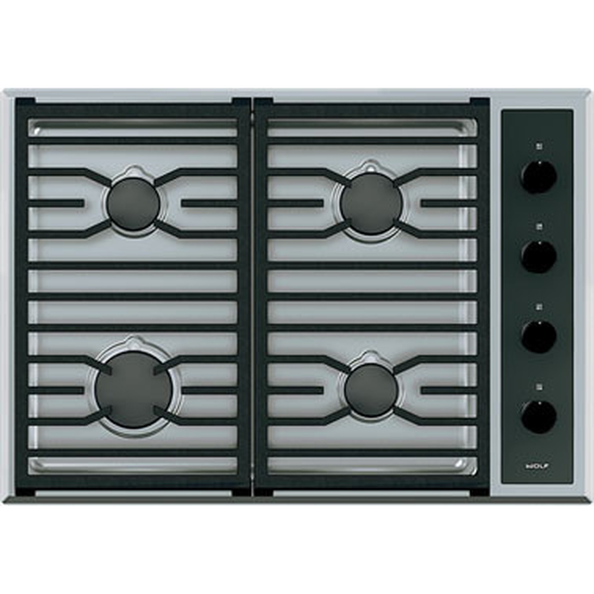 Top view of a Wolf 30-inch gas cooktop with four burners, continuous cast-iron grates, and a right-side control panel with four knobs