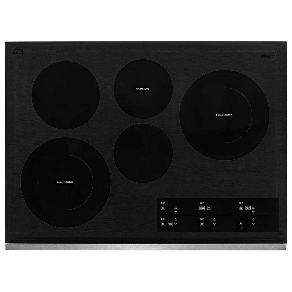 Top-down view of the Whirlpool WCE97US0KS electric cooktop showing five cooking zones including two labeled Dual Element zones, a Warm Zone, and touch controls along the lower surface.