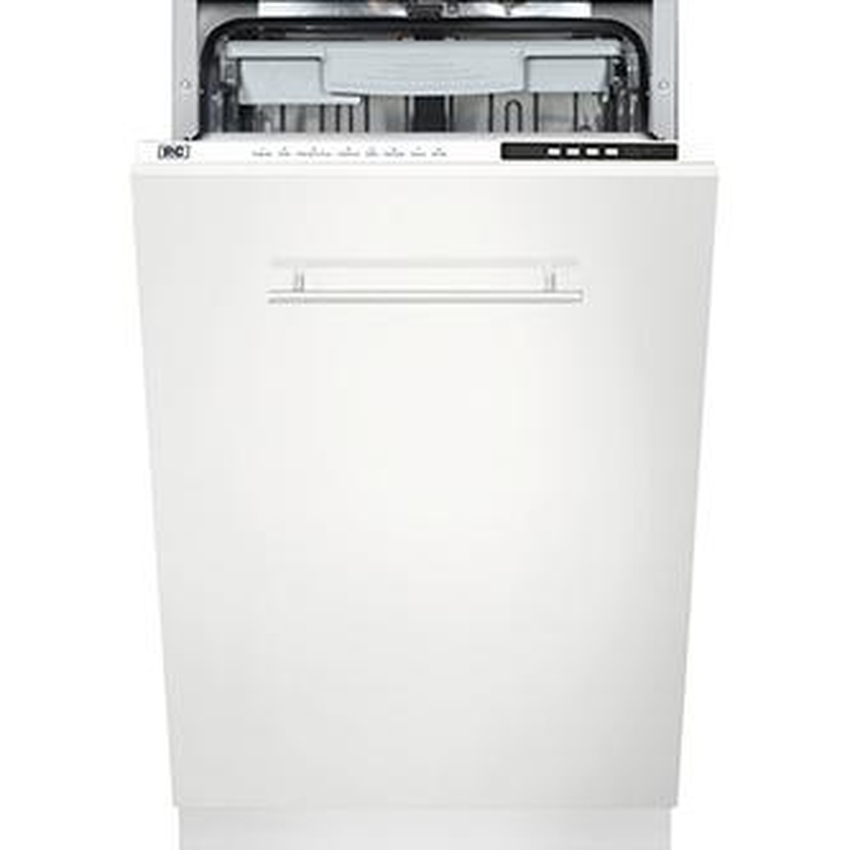 Porter & Charles DWVFI 18 fully integrated dishwasher front view with white panel door and top controls