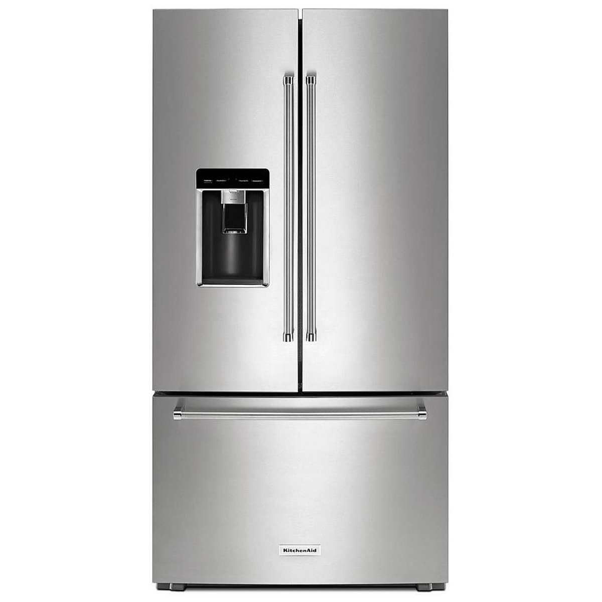 Front view of KitchenAid counter-depth French door refrigerator in fingerprint-resistant stainless steel with exterior ice and water dispenser