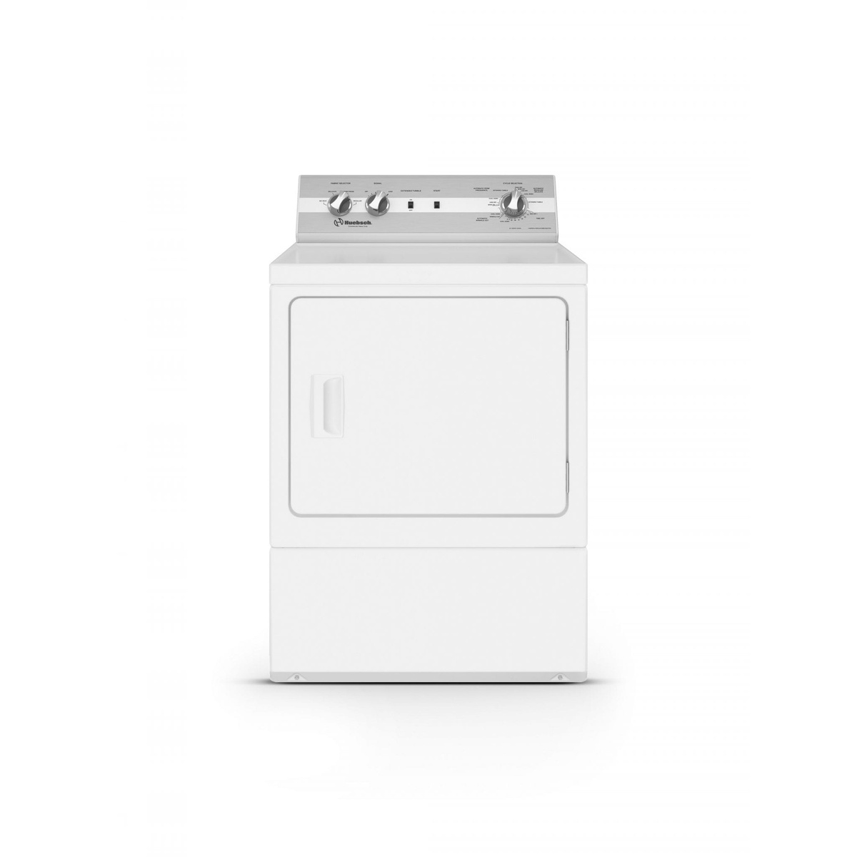 Front view of a white Huebsch dryer with a large swing door and three mechanical control knobs on the rear control panel