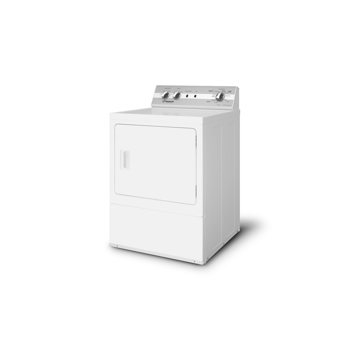 Angled right-side view of a white Huebsch dryer showing the side panel, top surface, and rear control panel