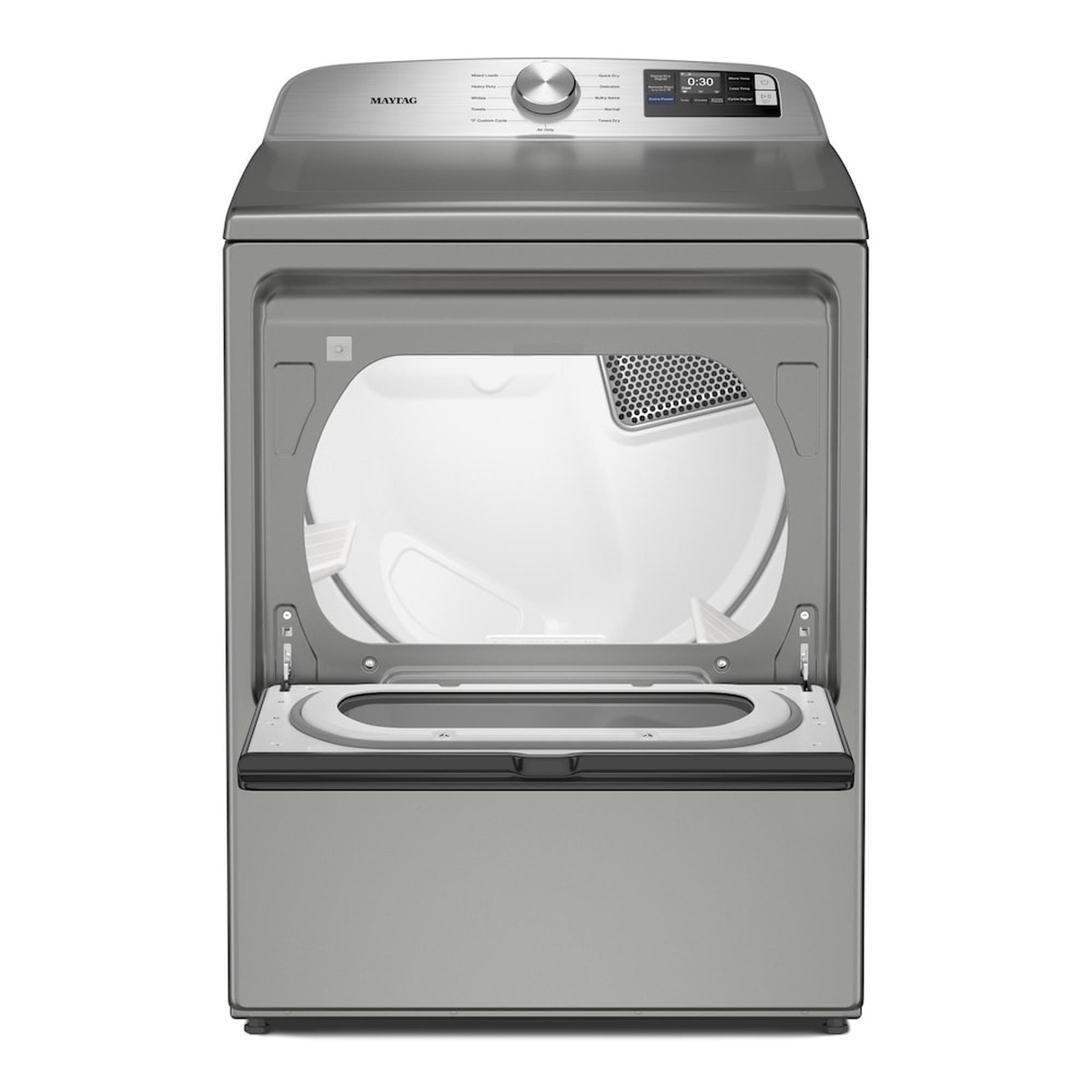 Front view of the Maytag YMED6205RR with the hamper-style door fully open, revealing the spacious drum interior with interior drum light and front-accessible lint filter