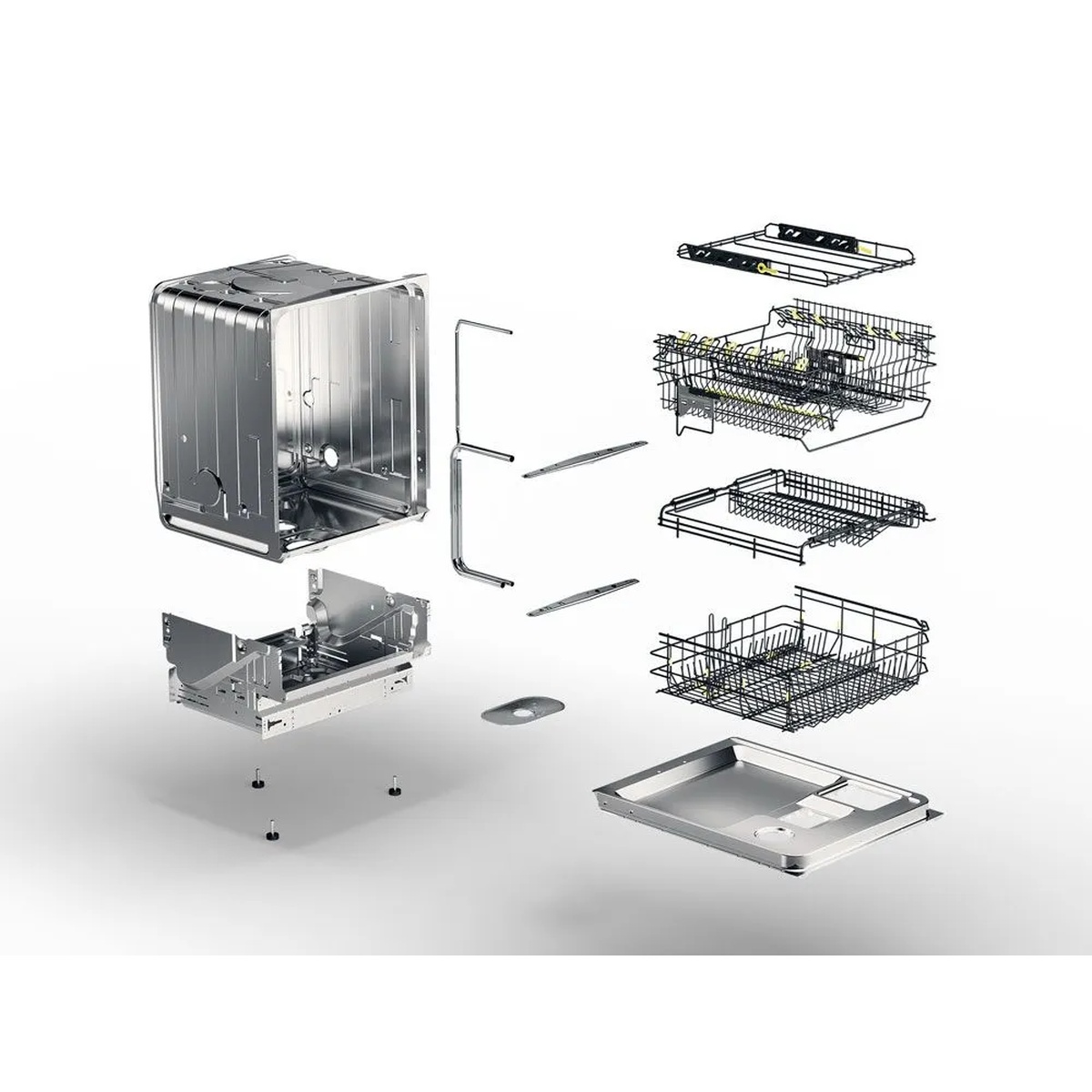 Exploded view of the ASKO DBI564IS dishwasher showing the stainless steel tub, three rack levels, spray arms, and base components.