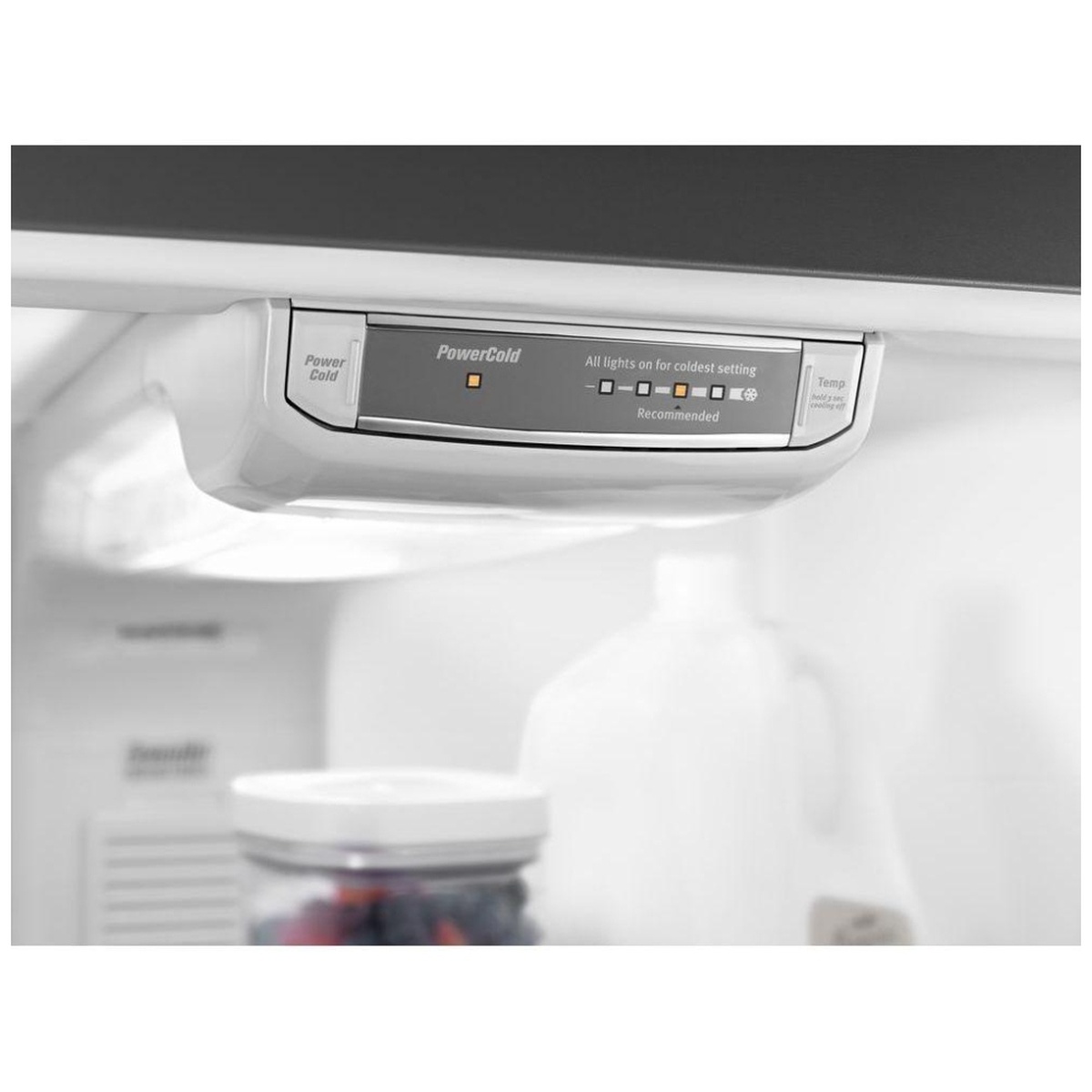 Close-up of the refrigerator’s interior control panel with PowerCold button and temperature indicators