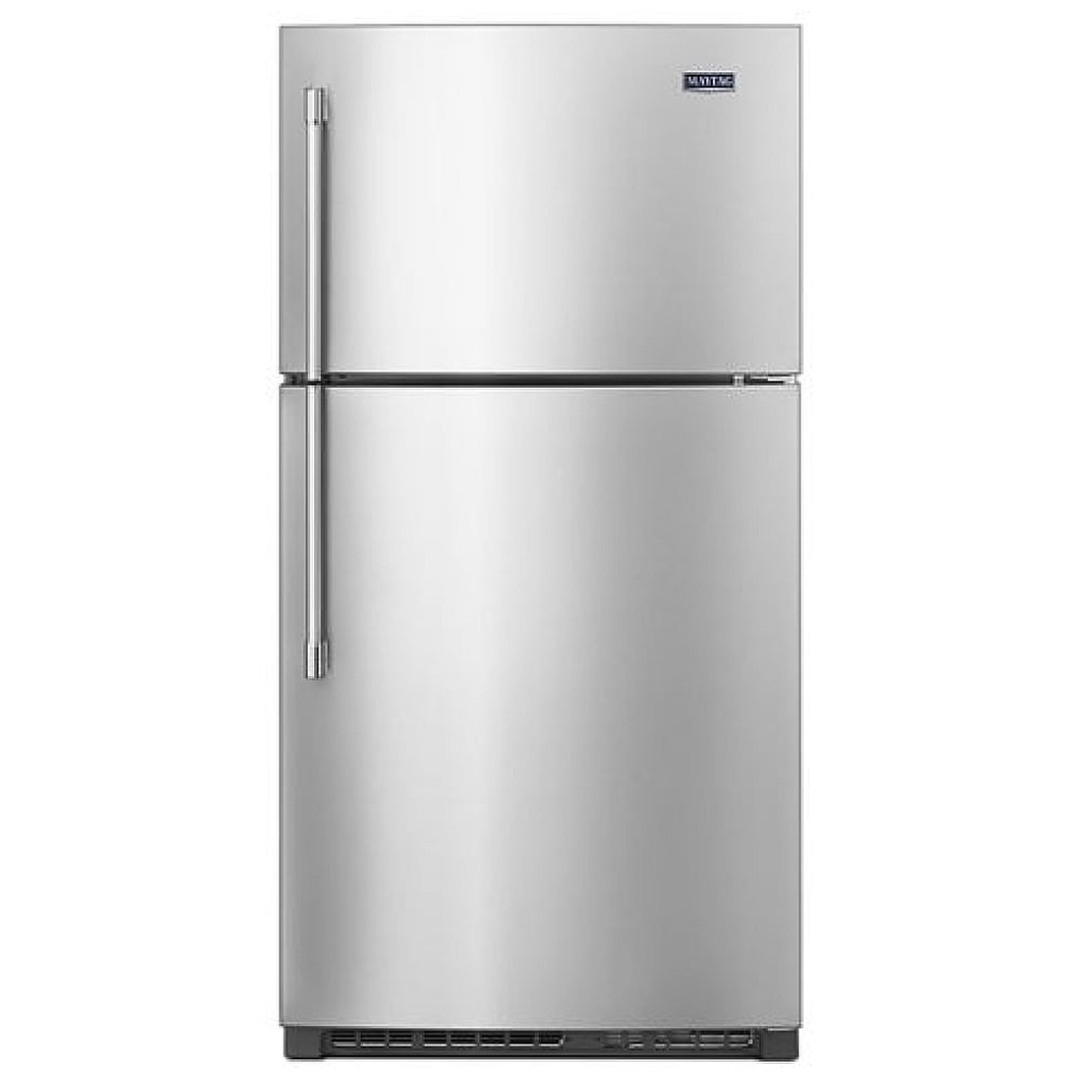 Front view of Maytag top-freezer refrigerator in fingerprint resistant stainless steel with long vertical handles