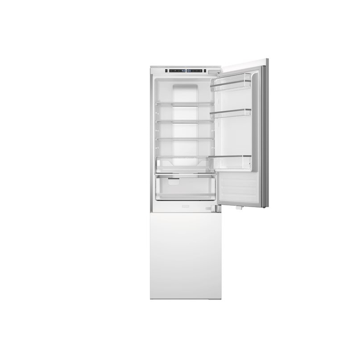 Bertazzoni REF24BMBPNB interior open view showing height-adjustable glass shelves, Fresco crisper drawer, door bins, and LED touch control panel at the top