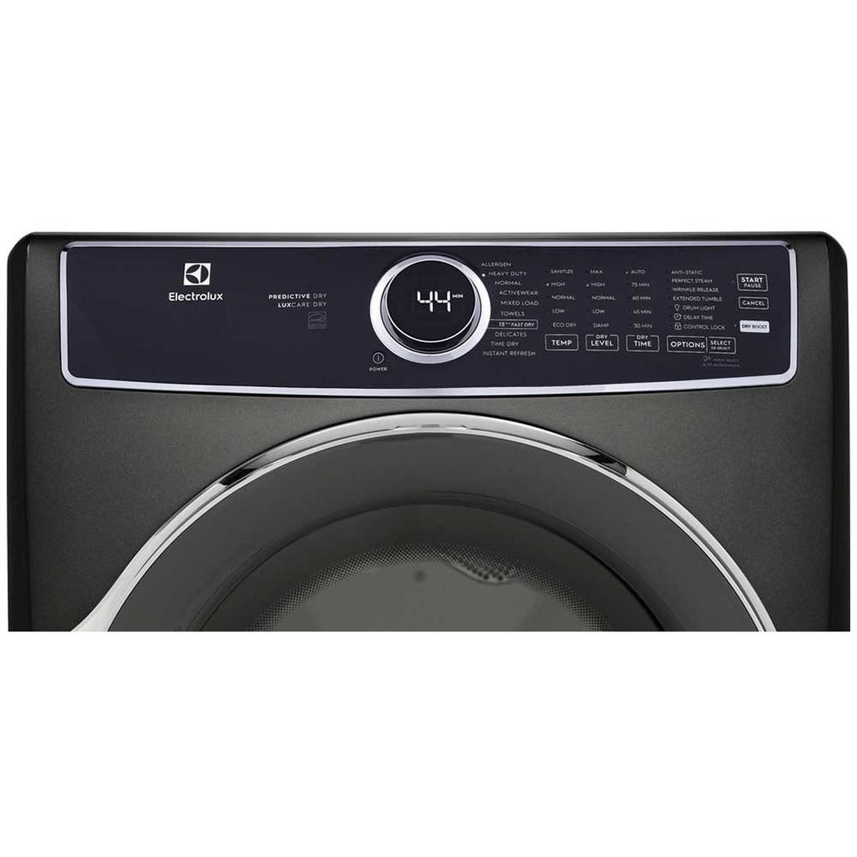 Close-up of the Electrolux ELFG7537AT control panel showing cycle options including Allergen, Heavy Duty, Fast Dry, Eco Dry, Instant Refresh, and option buttons for Perfect Steam, Extended Tumble, Control Lock, and Dry Boost