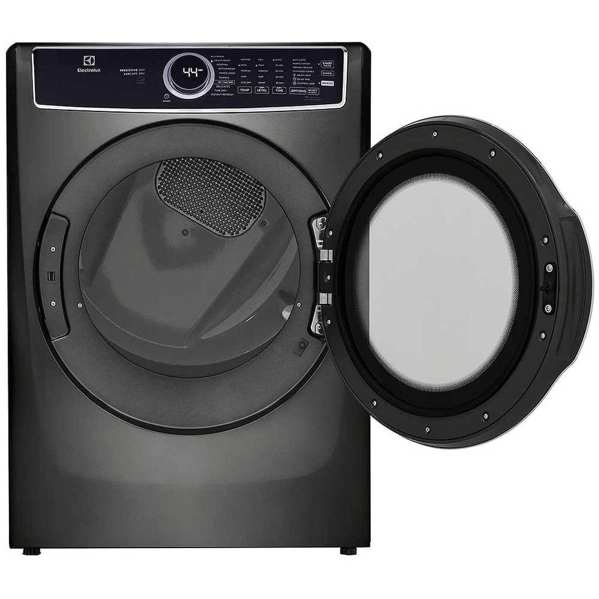 Electrolux ELFG7537AT gas dryer shown at an angle with the large front-load door open, revealing the spacious drum interior and lint filter