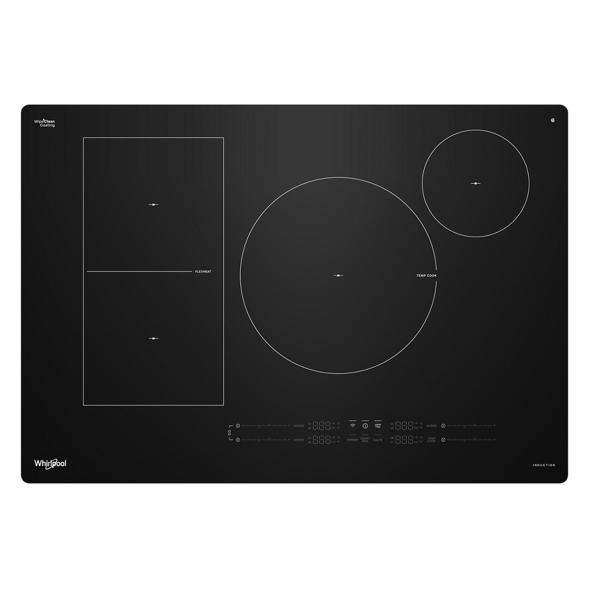 Top-down view of the Whirlpool WCIT7530SB induction cooktop showing the FlexHeat zone on the left, large center induction element, Temp Cook zone on the right, and touch control panel along the bottom.