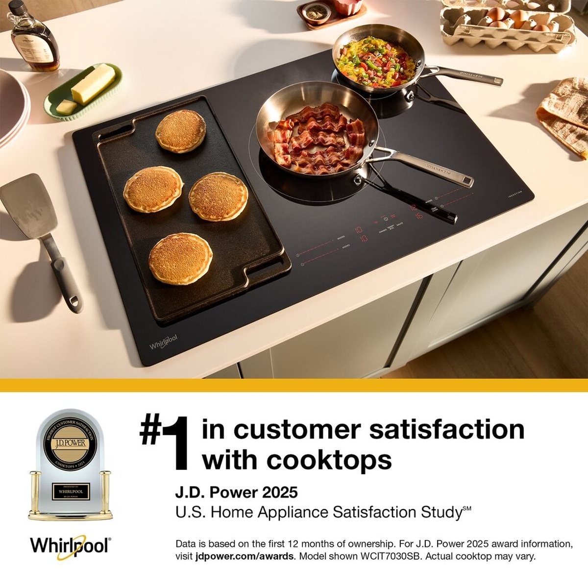 Whirlpool JD Power 2025 award infographic showing the brand ranked number one in customer satisfaction with cooktops, with the WCIT7530SB in use on a kitchen island.