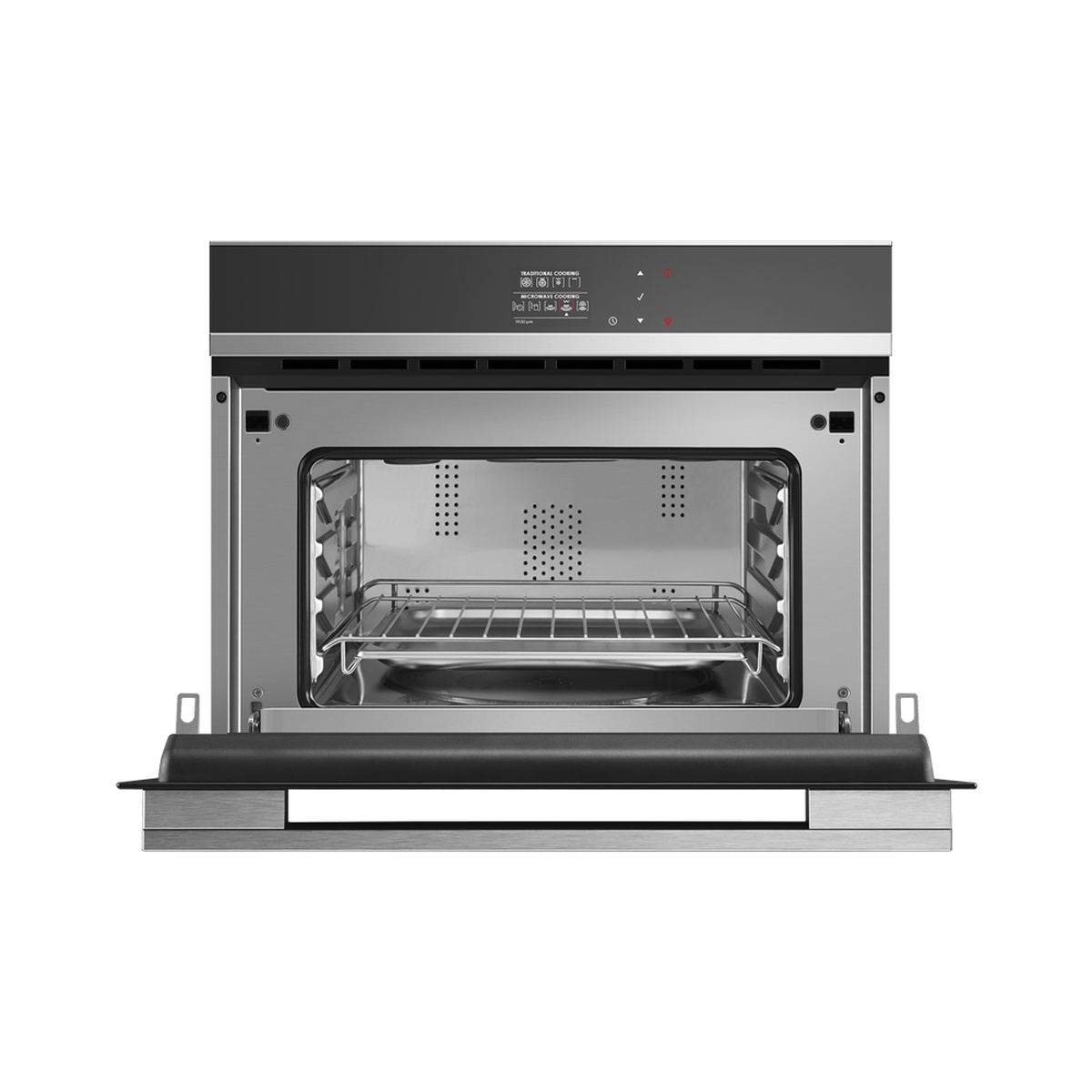 Fisher & Paykel OM24NDB1 convection speed oven door open, showing stainless steel interior cavity with wire shelf, baking pan, and glass turntable