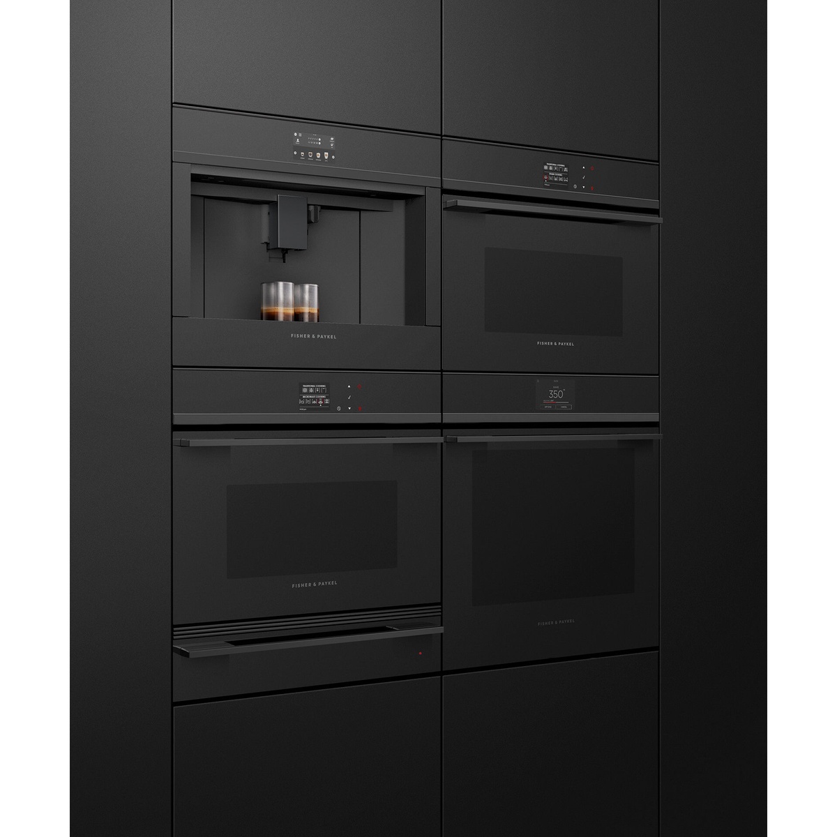 Full column of Fisher & Paykel Series 9 built-in appliances installed flush in a dark cabinetry kitchen, including coffee machine, speed oven, convection oven, and warming drawer