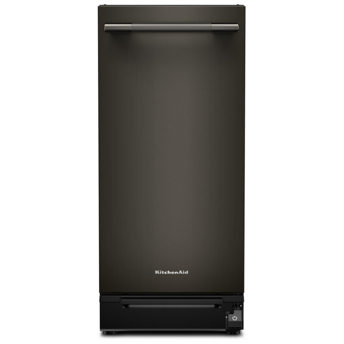 Front view of KitchenAid KTTP515TBE built-in trash compactor in Black Ore finish with flat door panel and stainless steel towel bar handle