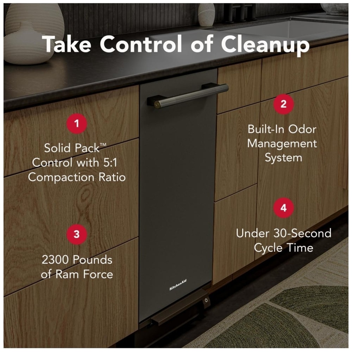 KitchenAid KTTP515TBE installed in a modern kitchen with callouts highlighting Solid Pack Control with 5:1 compaction ratio, Built-In Odor Management System, 2300 lbs of ram force, and under 30-second cycle time