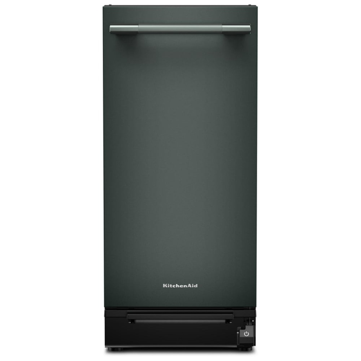 Front view of the KitchenAid KTTP515TJP trash compactor in Juniper finish with stainless steel towel bar handle and flat door panel