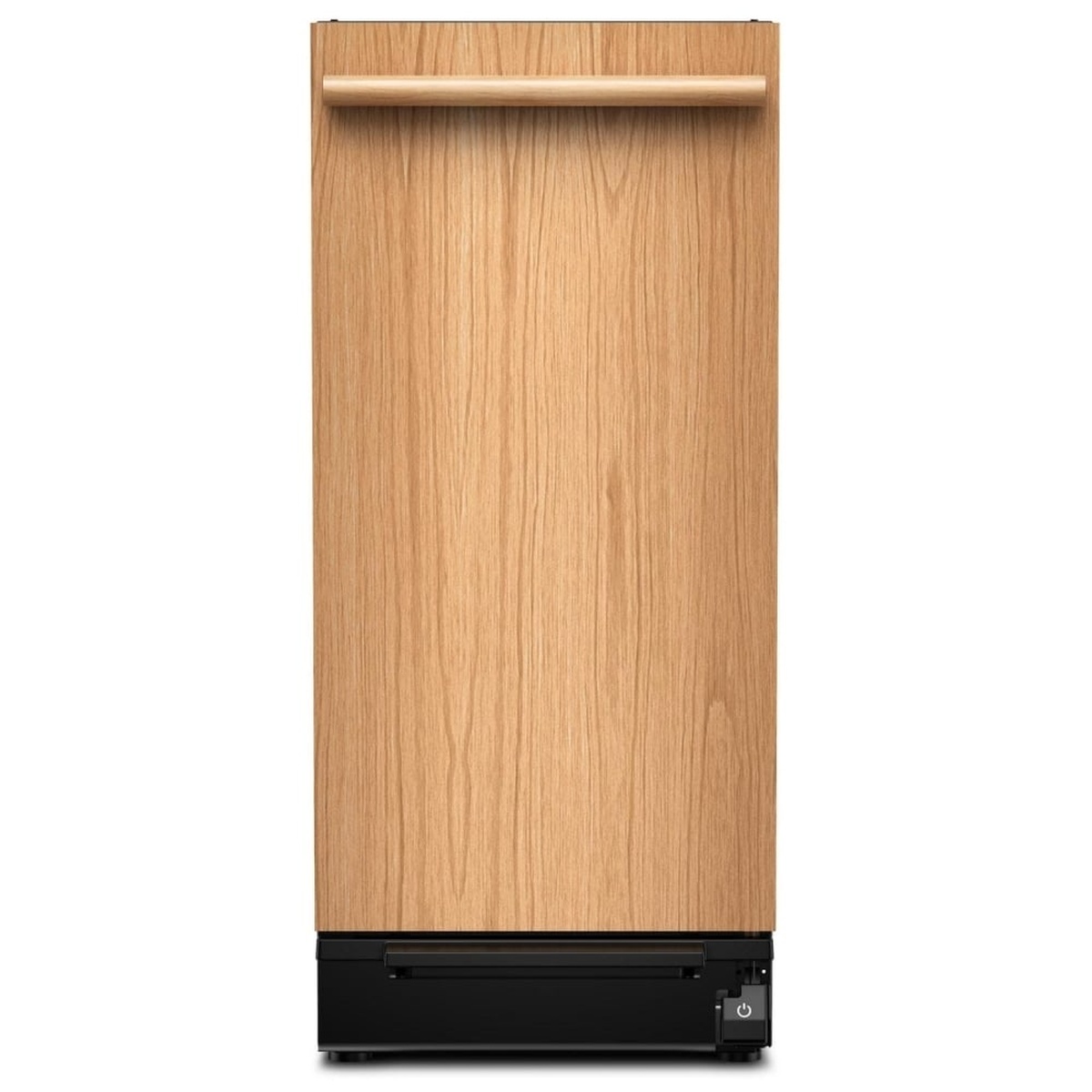 KitchenAid KTTP515TPA front view showing fully panel-ready flat door with wood grain custom panel and matching handle, set against a white background