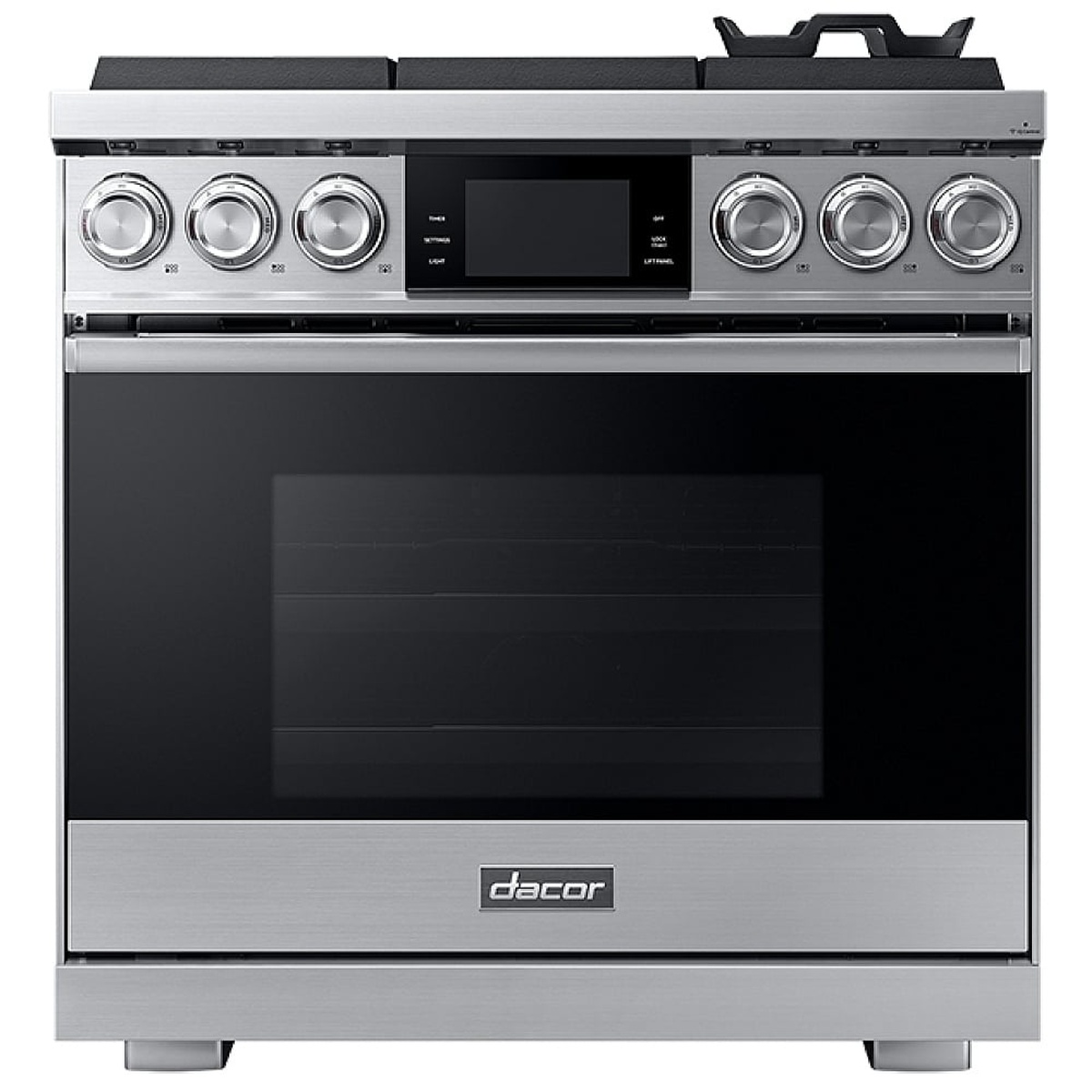 Dacor DOP36M96GLS 36-inch pro gas range front view in silver stainless steel, showing Illumina knobs and 7-inch LCD control panel