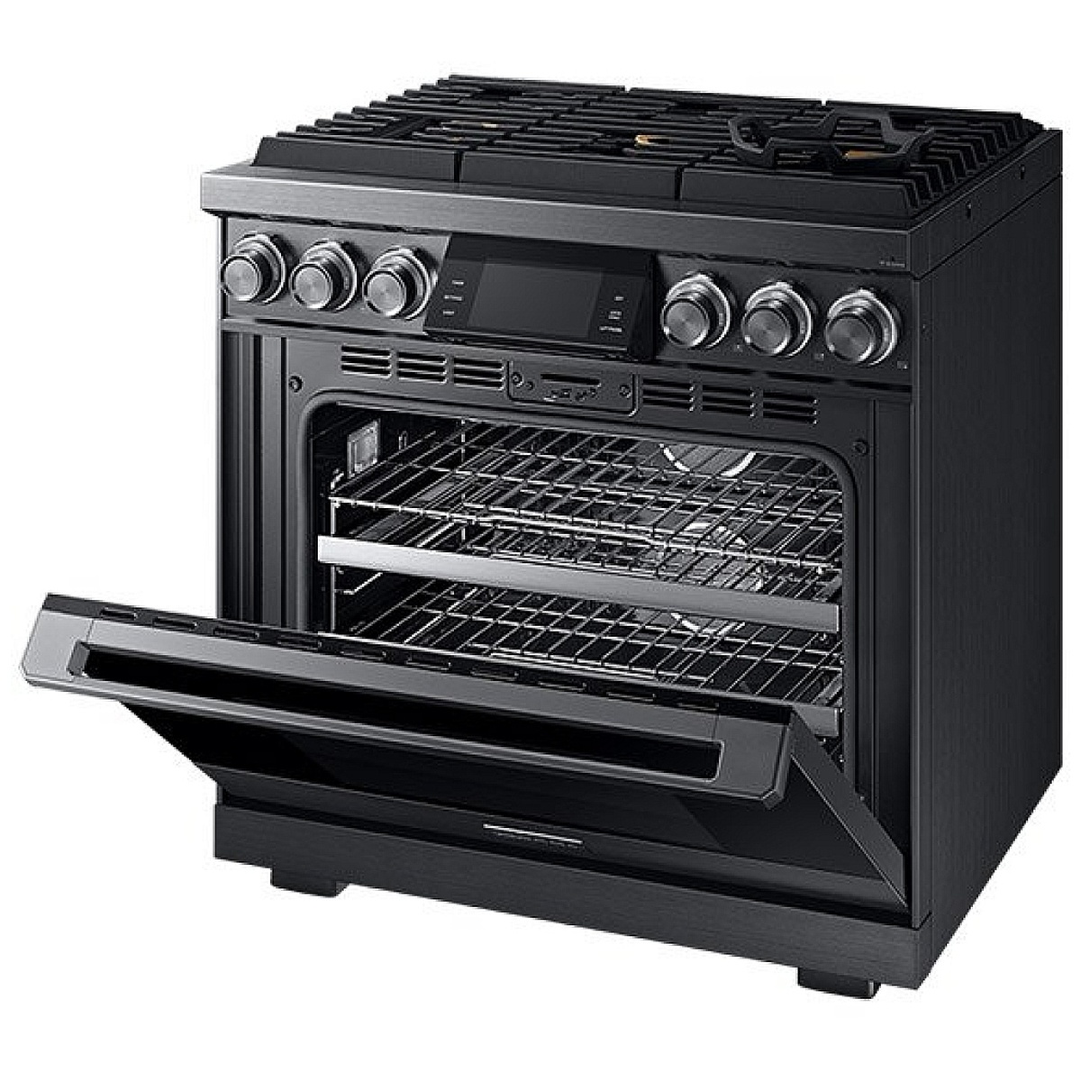 Dacor DOP36M96GLS gas range with oven door open showing multiple wire racks inside the spacious oven cavity