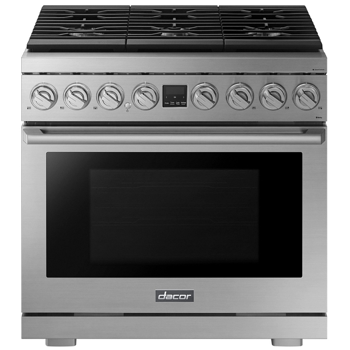 Full front view of Dacor DOP36P86GLS 36-inch gas range in silver stainless steel with Art Hairline finish, eight control knobs, central touch display, and large oven window
