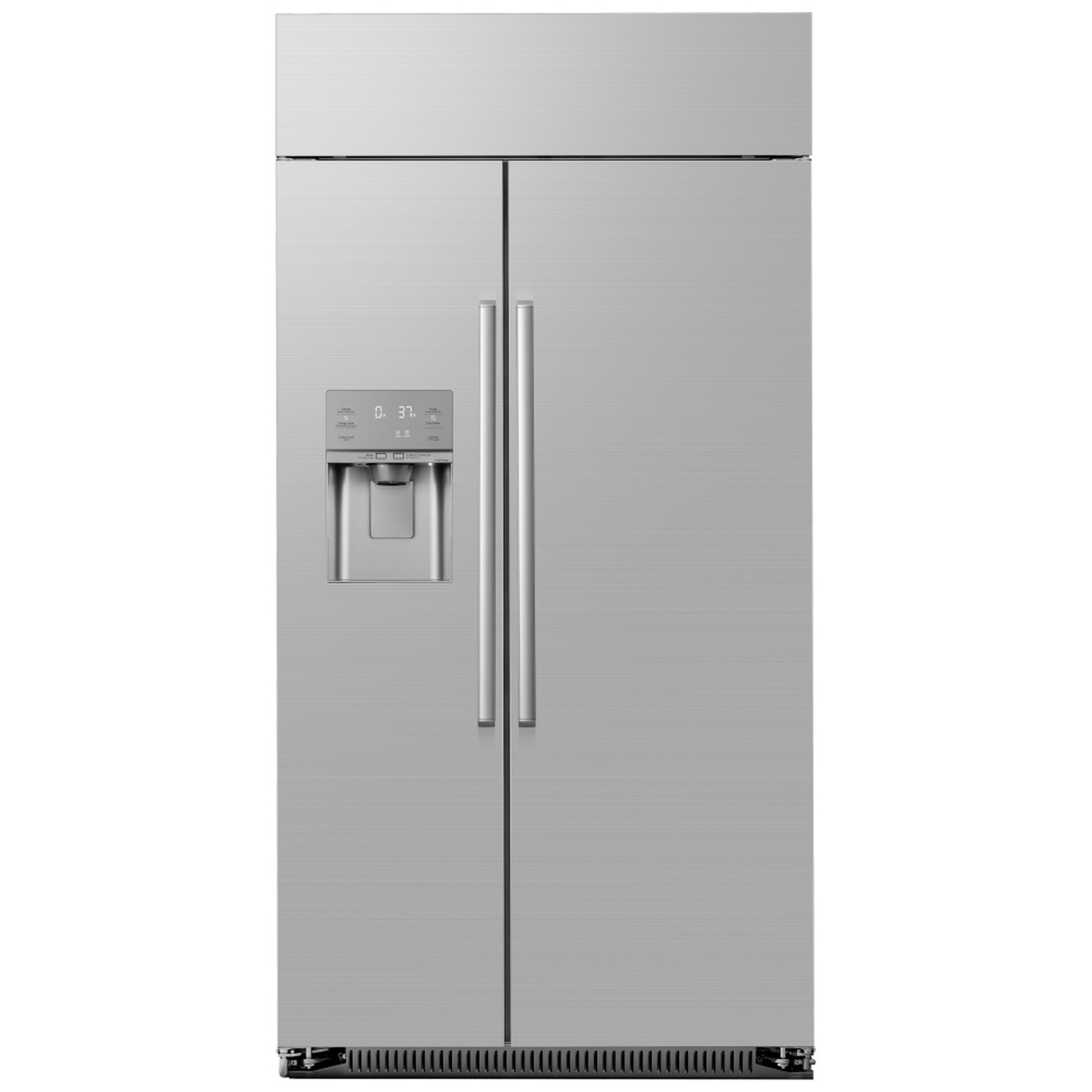 Dacor DRS425300SR front exterior in smooth stainless steel finish with tubular handles, external ice and water dispenser, and digital touch control panel on the freezer door