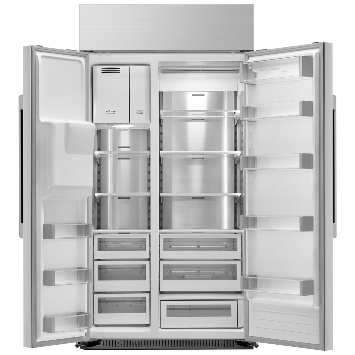 Dacor DRS425300SR fully open interior showing stainless steel back wall, glass shelves, multiple drawers, door bins, and ice storage compartment on both fridge and freezer sides