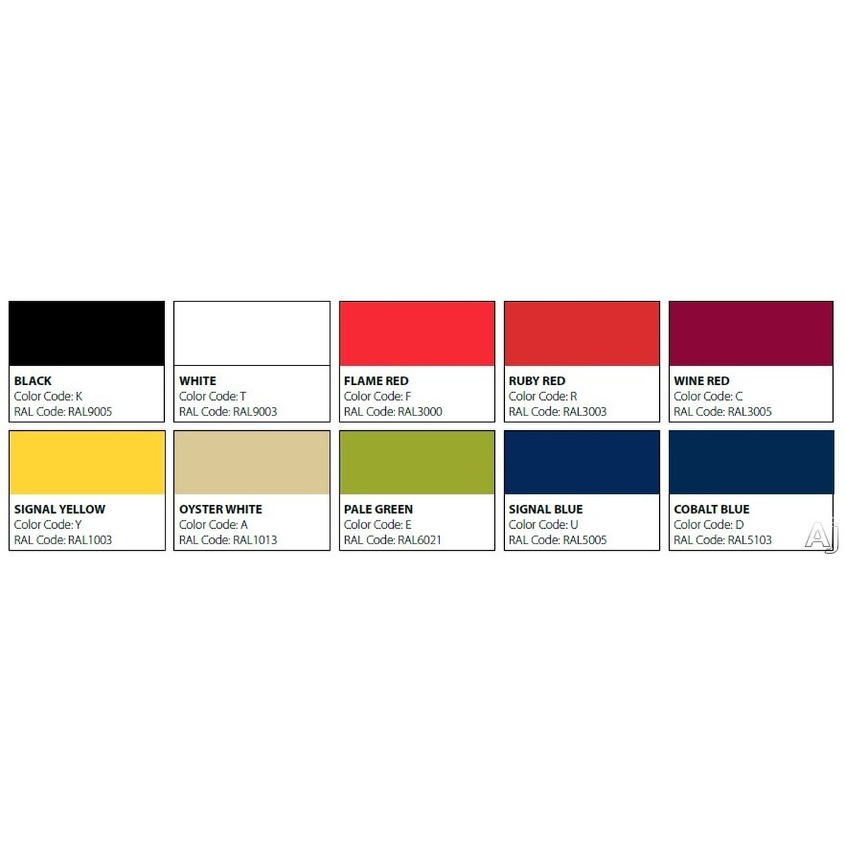 Capital appliance color options chart displaying ten available finishes including Black, White, Flame Red, Ruby Red, Wine Red, Signal Yellow, Oyster White, Pale Green, Signal Blue, and Cobalt Blue