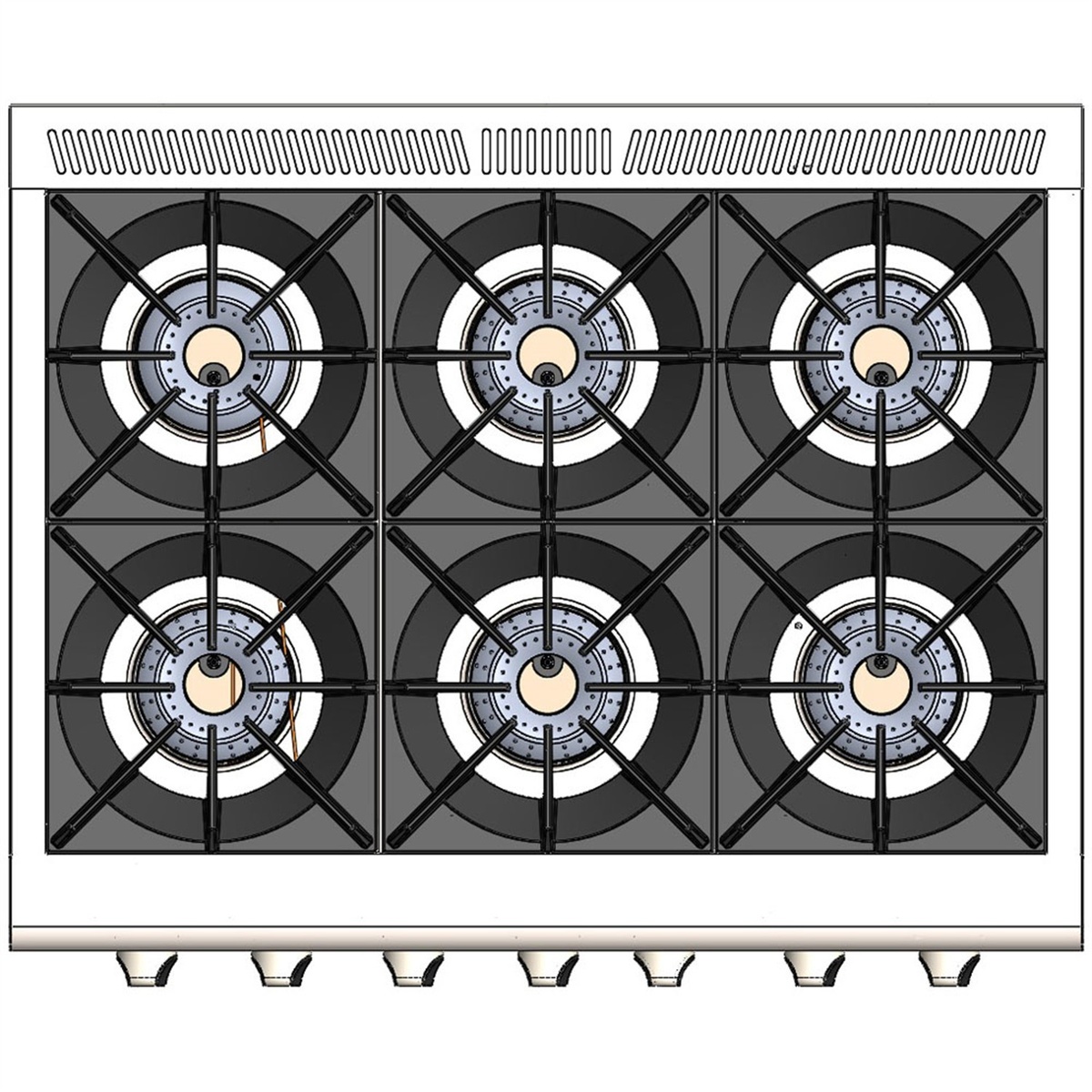 Top-down view of the Capital MCOR366 six open burner cooktop with porcelain-coated continuous cast iron grates