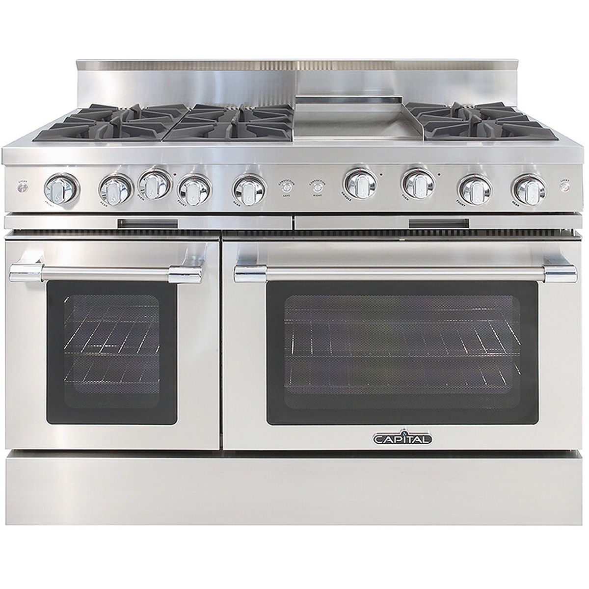 Capital MCOR484G2-N 48-inch freestanding gas range with six open burners, center Thermo-Griddle, and dual stainless steel oven cavities viewed from the front