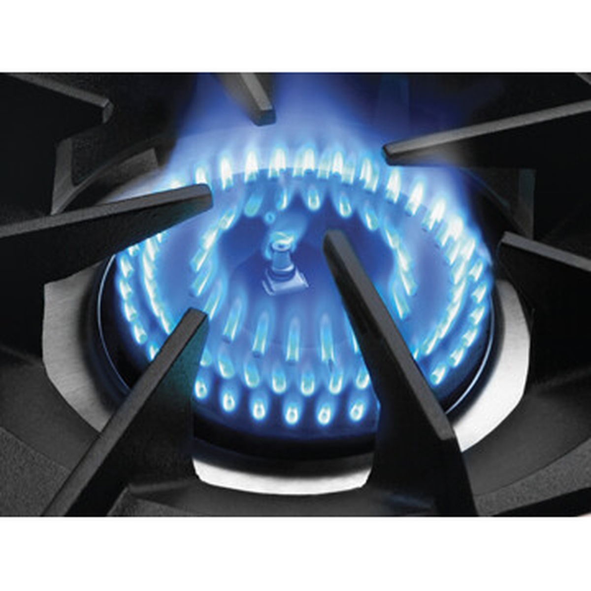 Close-up of a Power-Flame open gas burner producing a strong, even blue flame on the Capital MCOR484G2-N range