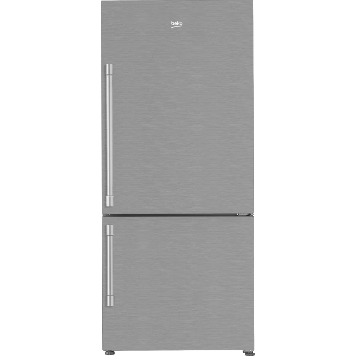 Front view of a Beko bottom-freezer refrigerator in fingerprint-free stainless steel with long vertical handles