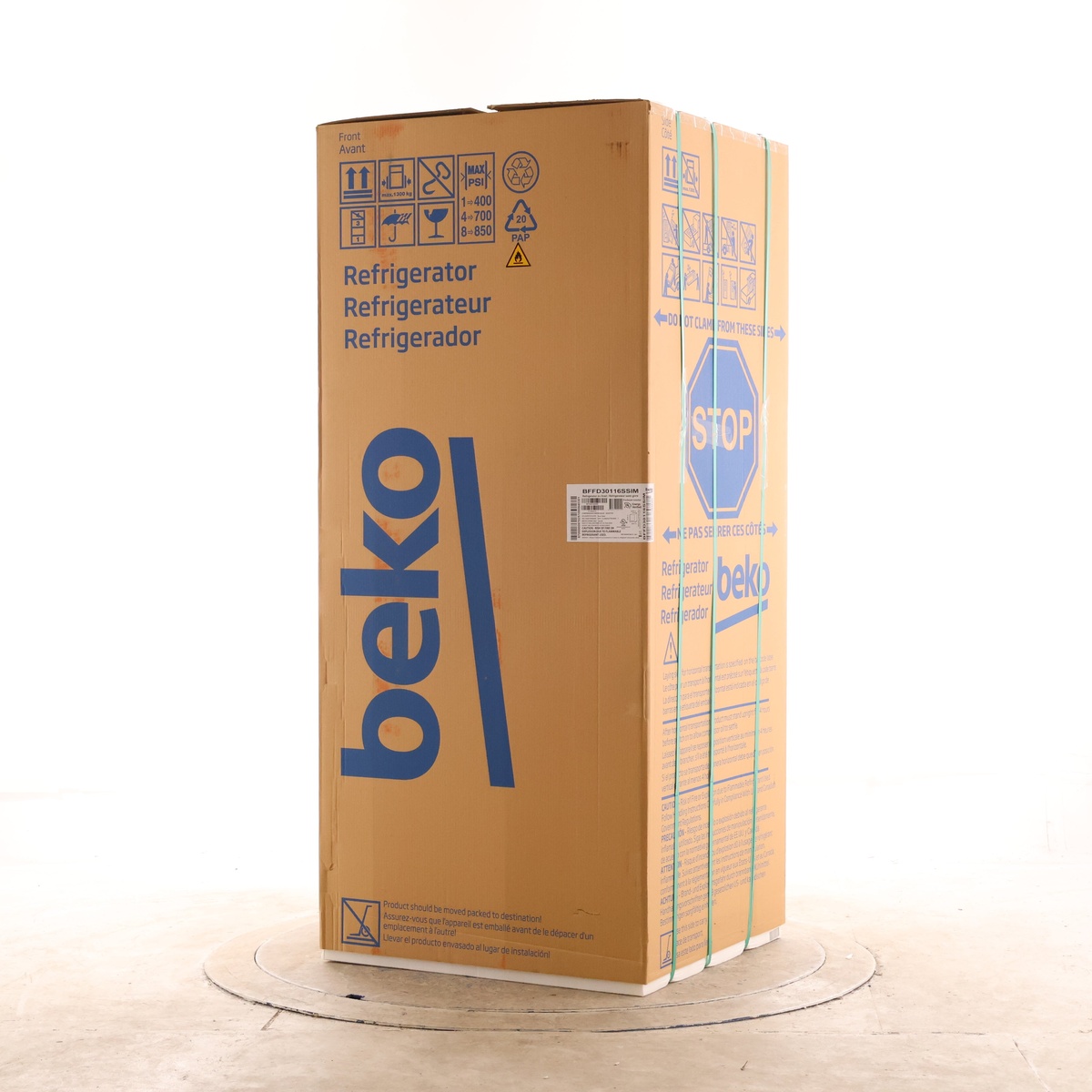 Beko-branded cardboard shipping carton for a refrigerator