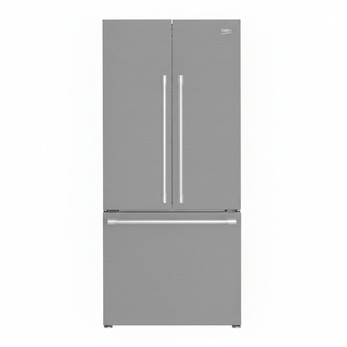 Front view of a Beko fingerprint-free stainless steel French door refrigerator with a bottom freezer drawer