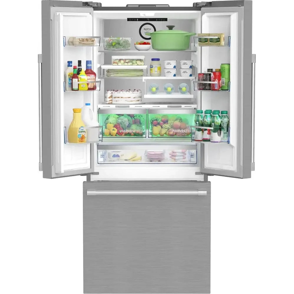 Inside view of the Beko French door refrigerator showing shelves, door bins, and two HarvestFresh produce drawers