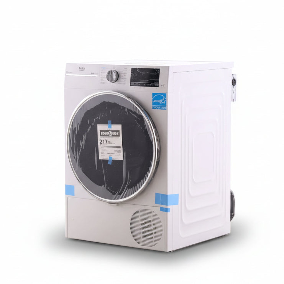 Angled view of a white Beko compact front-load dryer showing the side panel and door