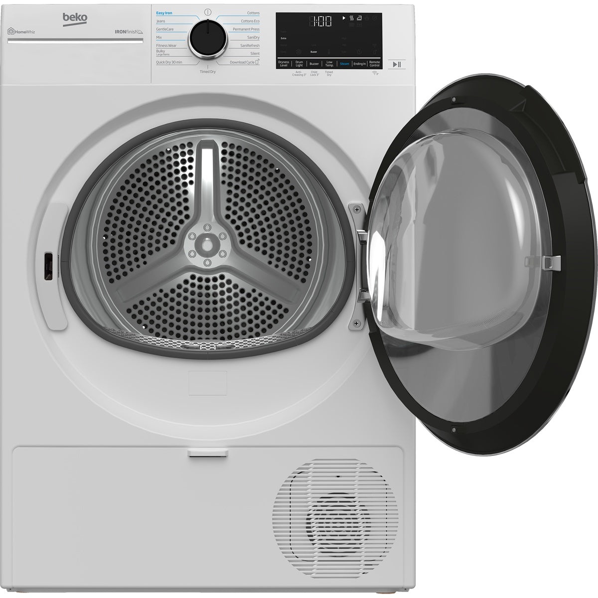 Beko compact dryer with the door open, showing the drum interior and top control panel