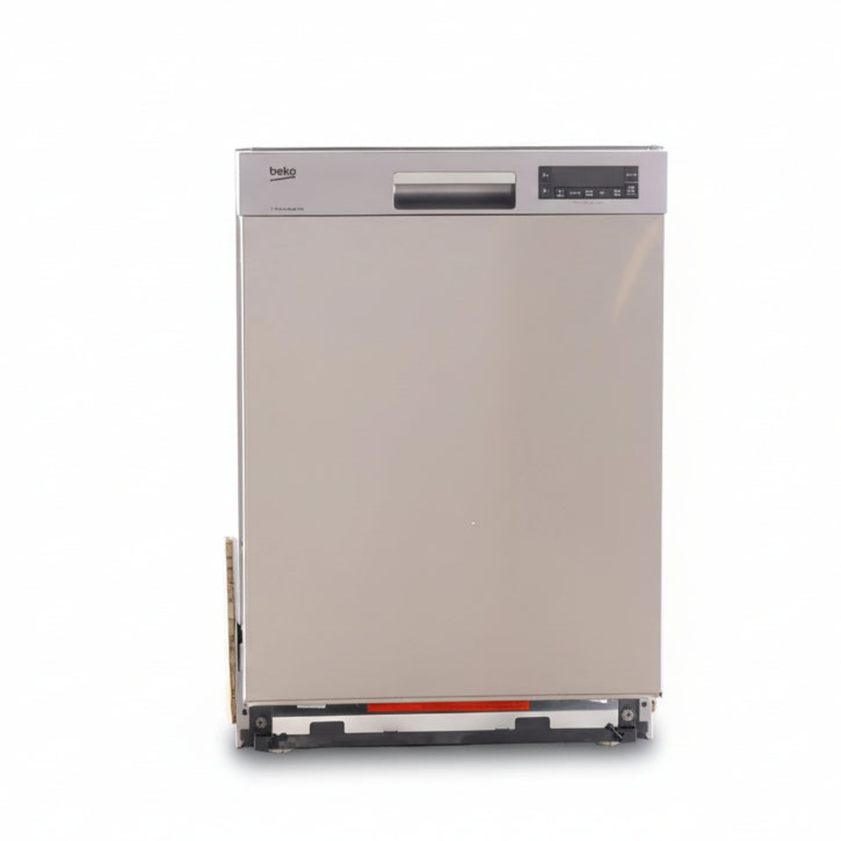 Front view of a Beko stainless steel built-under dishwasher with top front control panel and integrated handle