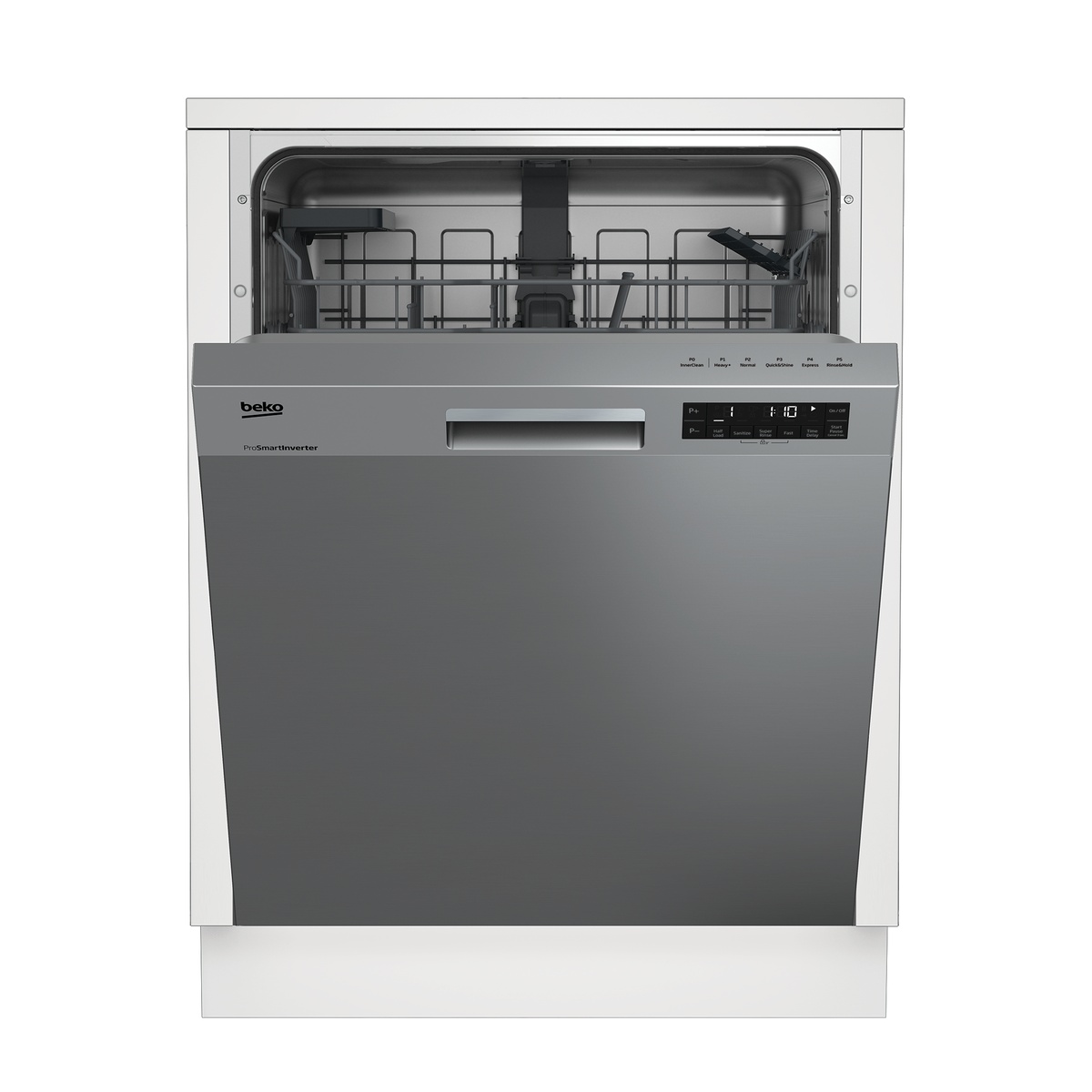 Beko dishwasher with door partially open showing the upper rack and the front button control panel with LED display