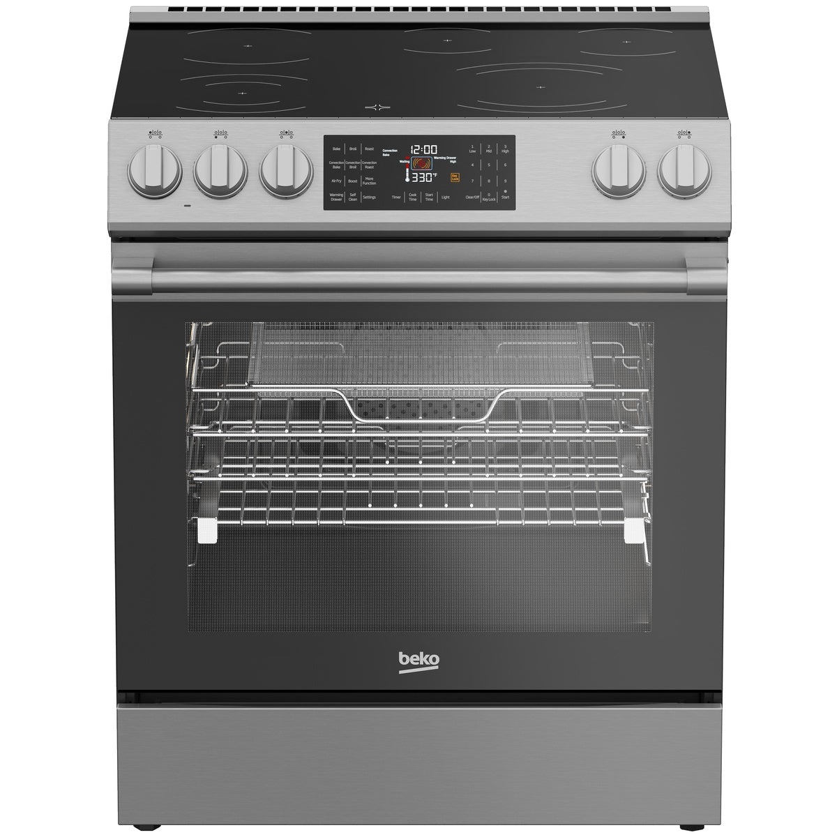 Front view of a Beko slide-in electric range with a black glass cooktop, stainless control panel with knobs and a digital display, and a large oven window showing racks.