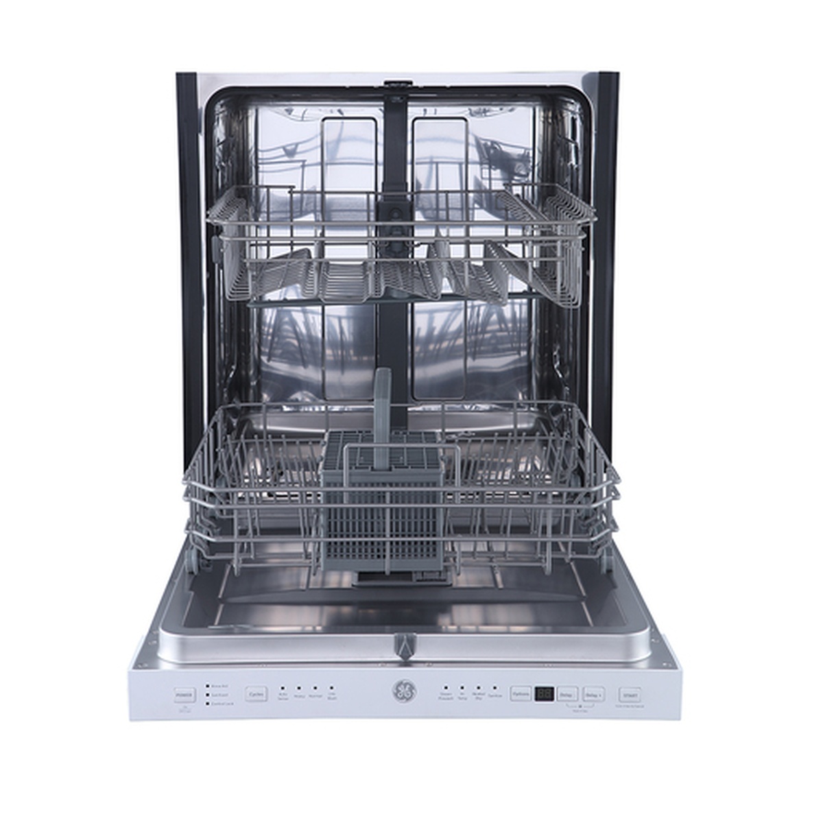 Open GE built-in dishwasher showing stainless steel interior, upper and lower racks, and utensil basket