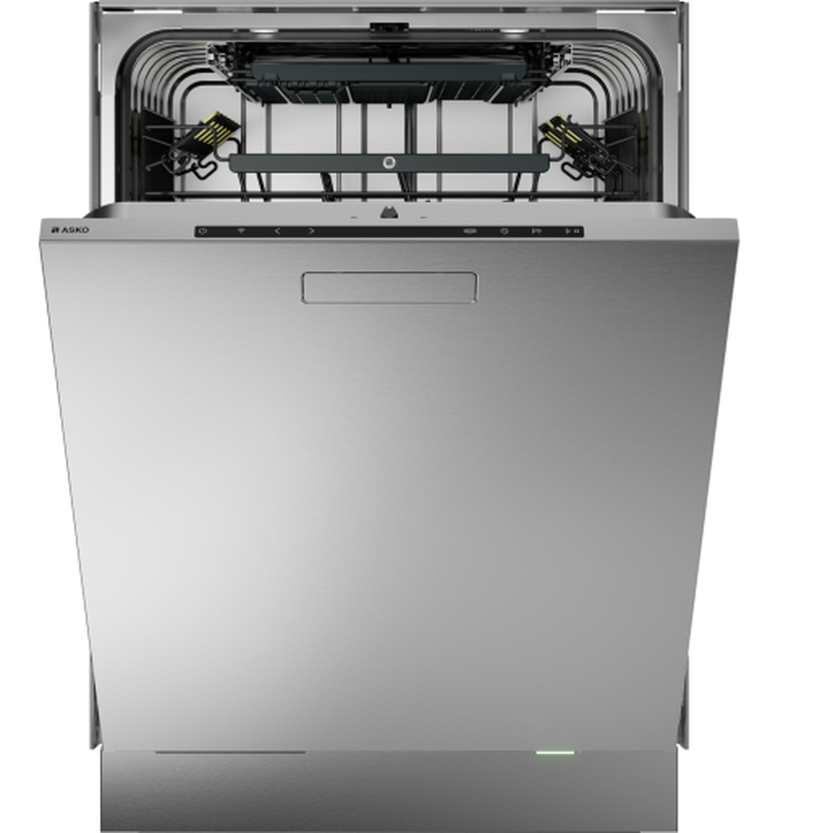 Front view of the ASKO built-in dishwasher with the door open, showing the interior racks and the top-edge control panel.