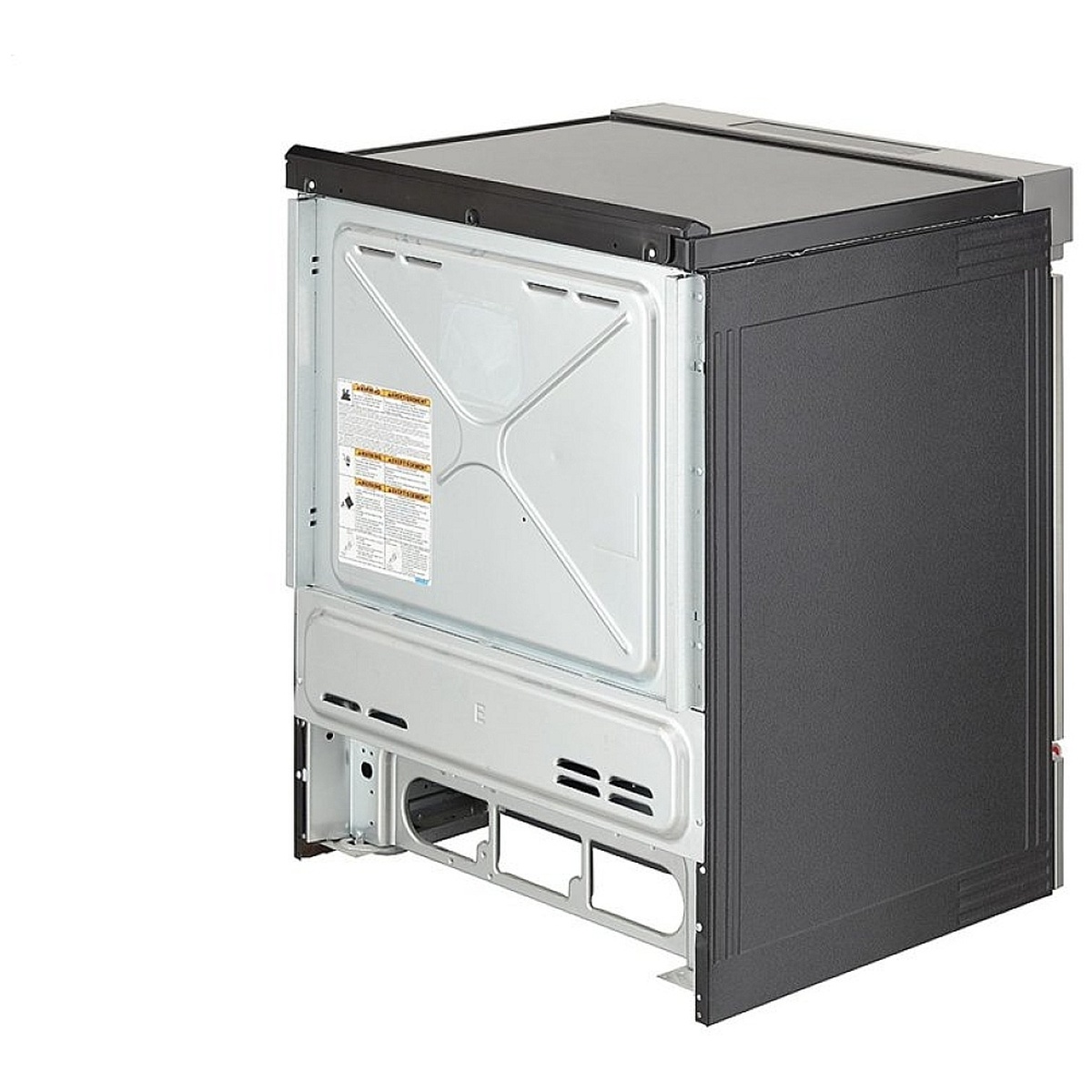 Rear and side view of the slide-in electric range cabinet showing the back panel and chassis for installation