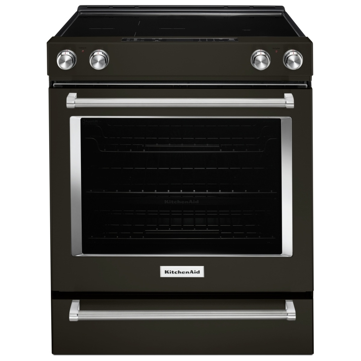 Front view of the KitchenAid slide-in electric range in black stainless with front control knobs, large oven window, towel-bar handle, and lower storage drawer