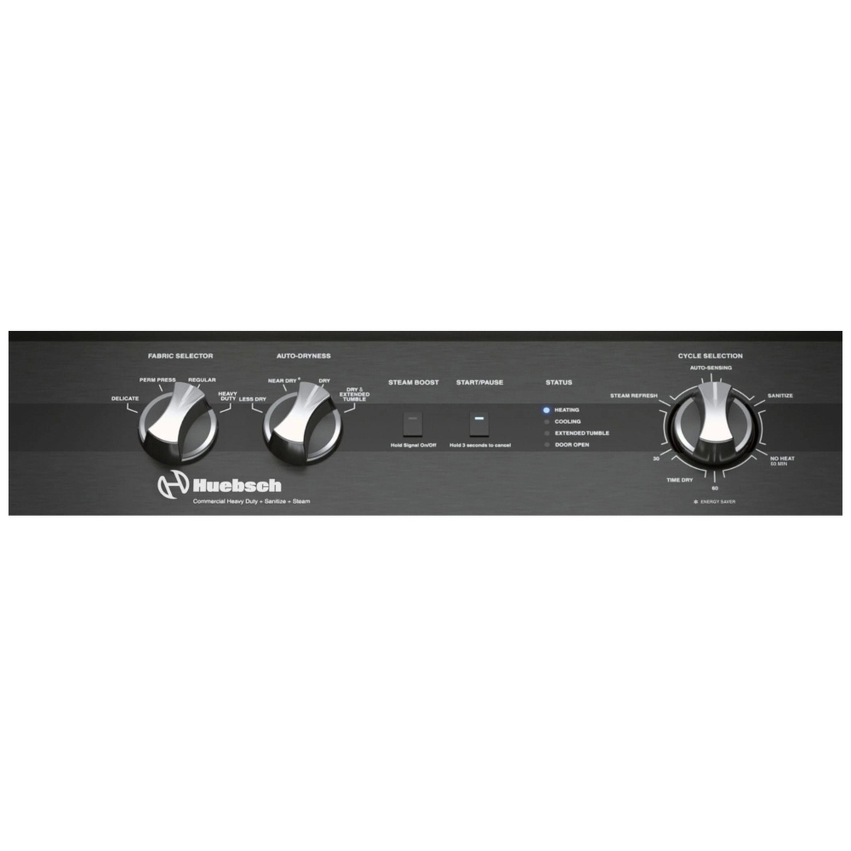 Close-up of the Huebsch DR5103WG control panel with three knobs and cycle labels including Steam Boost, Steam Refresh, and Sanitize