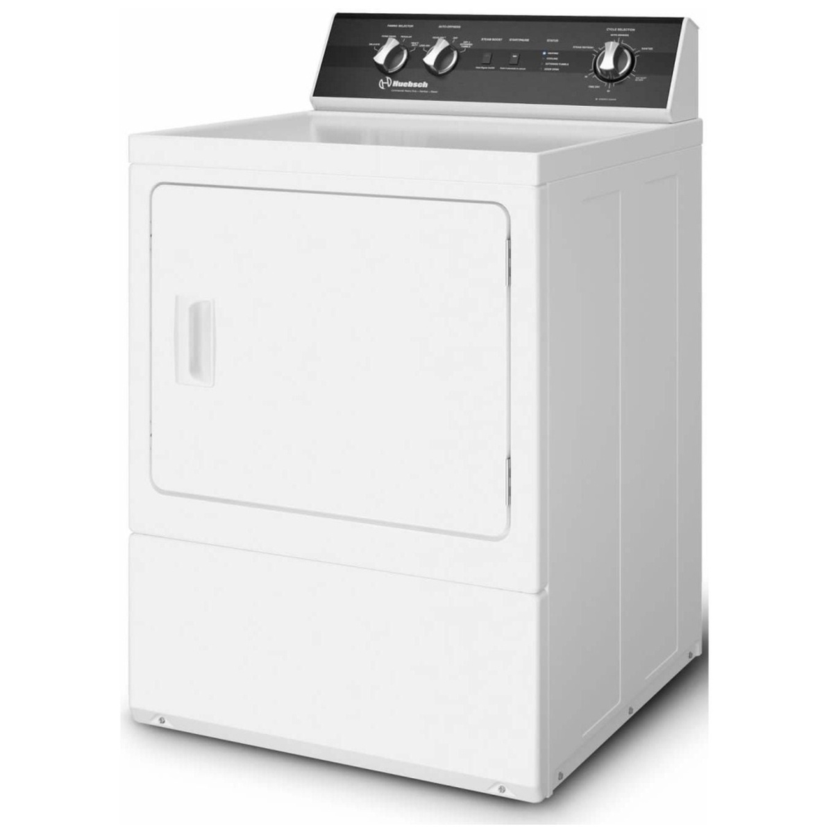 Angled front view of the white Huebsch DR5103WG gas dryer showing the square door and raised rear control console