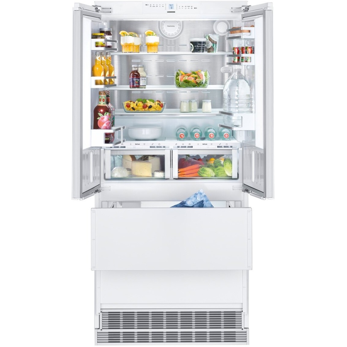 Liebherr built-in French door refrigerator interior with shelves, door bins, and two BioFresh drawers